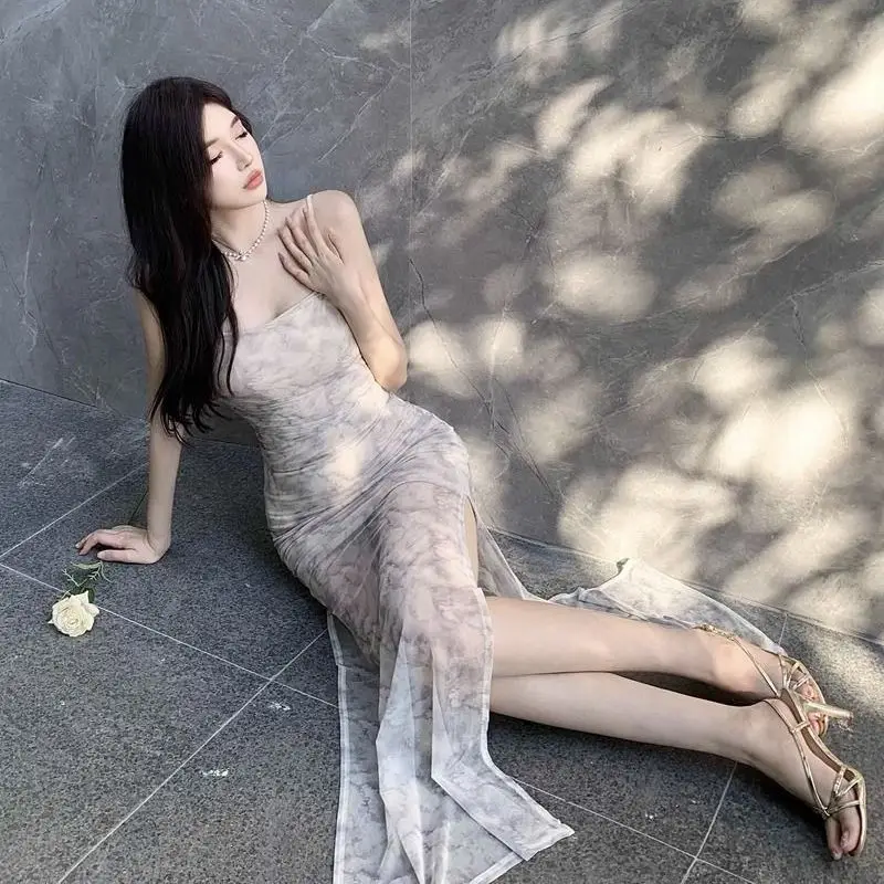 2025 الصيف مثير السباغيتي حزام طباعة سبليت فستان للنساء الكورية موضة سليم صالح ومزاجه التخسيس فستان طويل أنيق #2