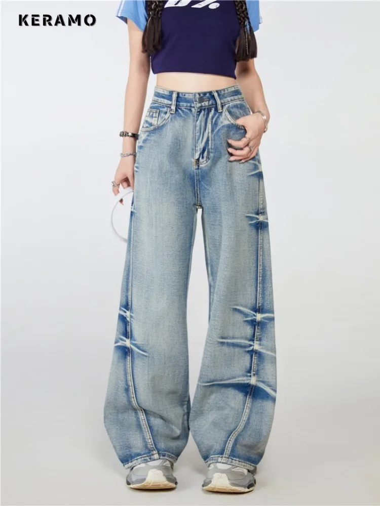 Calças jeans largas retrô de perna larga feminina, Harajuku, lavada sólida, cintura alta, jeans solto, calça azul casual dos anos 2000, verão, 2024