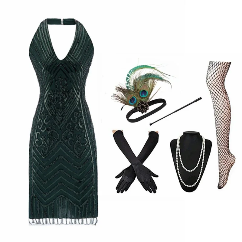 Vestido de Mujer Women's 1920s 20s Great Gatsby Inspired Sequin Beads Flapper Green Mini Dress /Accessories Set