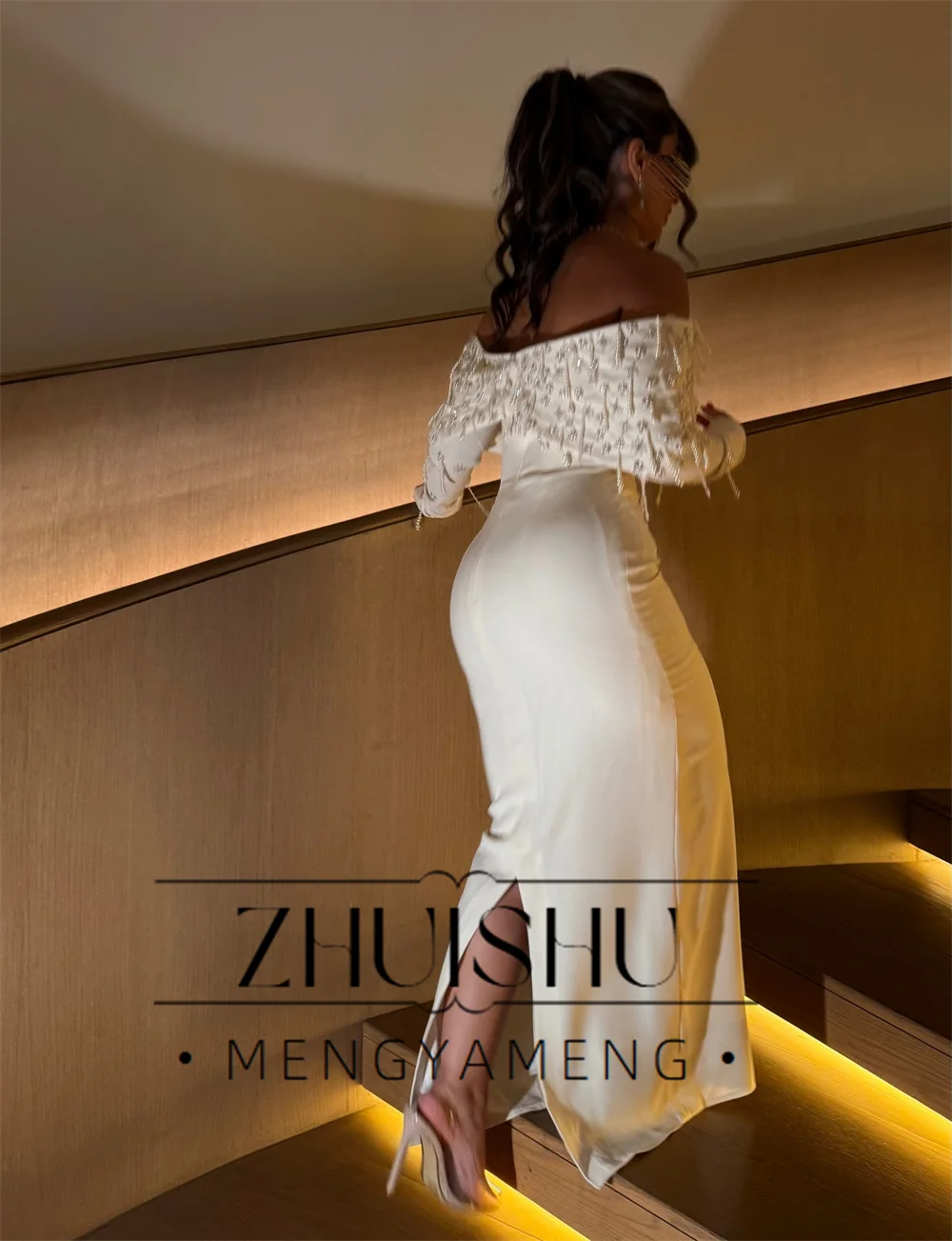 ZHUISHU Elegant Beading Sheath Evening Dress 2026 Off The Shoulder Long Sleeves V-Neck Formal Party Gown Customized شارون سعيد