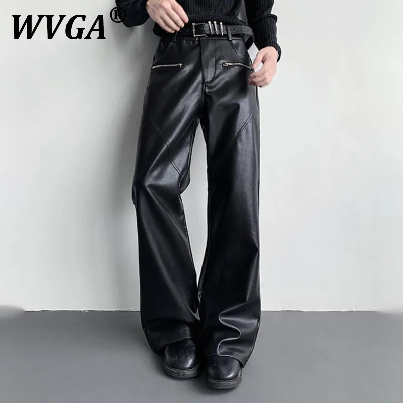 

WVGA весна осень новый мужской прилив темная одежда High Street молнии модный дизайн нишевые шикарные повседневные расклешенные брюки из искусственной кожи Ins W11859