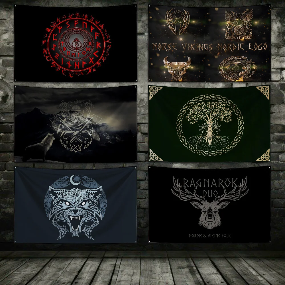 3x5 Ft Viking Nordic Mystical Symbol Wolf Flag Polyester Digital Printing Banner for Garage Wall Out Door Decoration With Brass