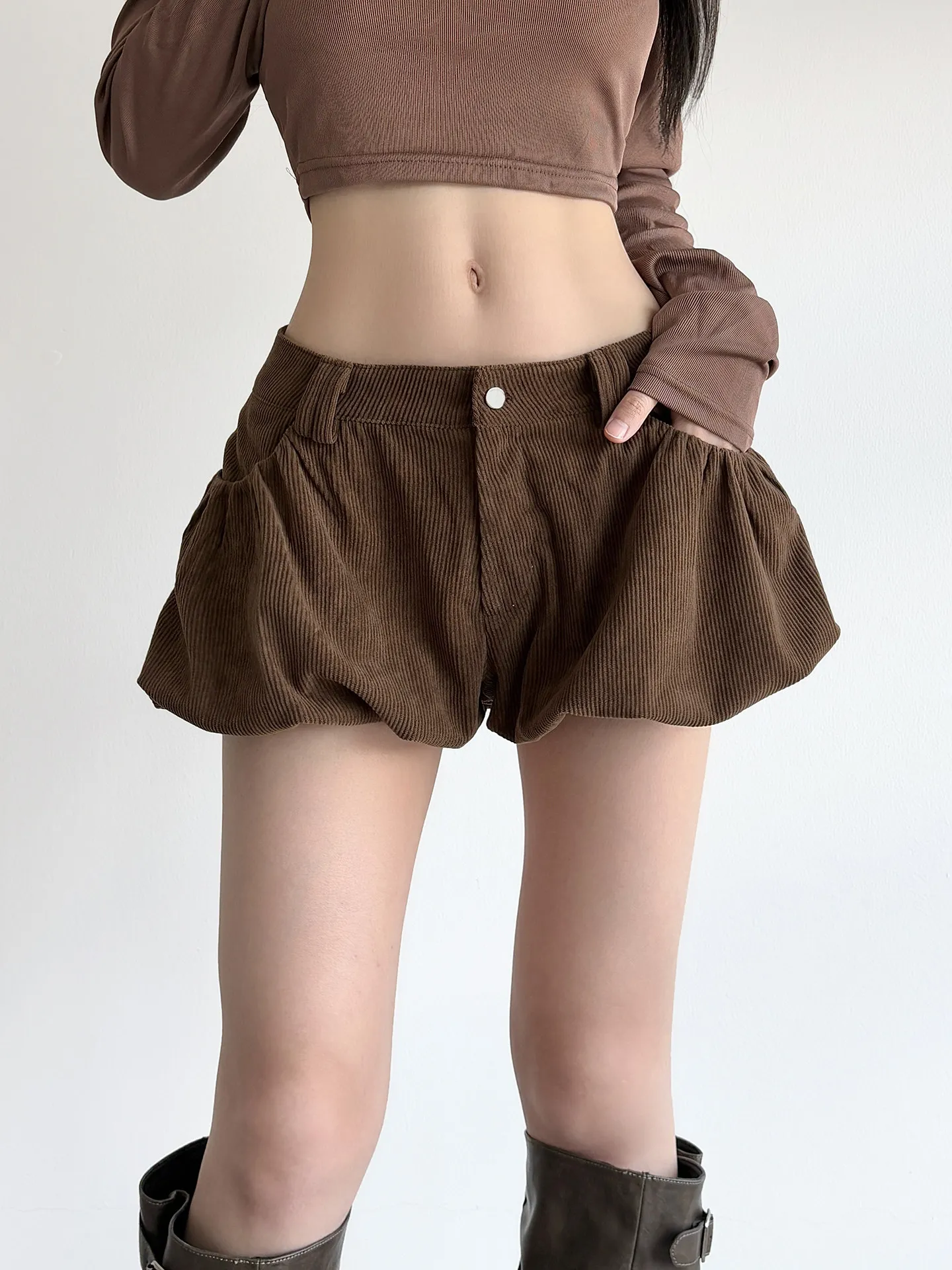 Retro American Large Size Corduroy Floral Print Casual Shorts Women's Autumn Winter High Waist Versatile Loose Fit Pants