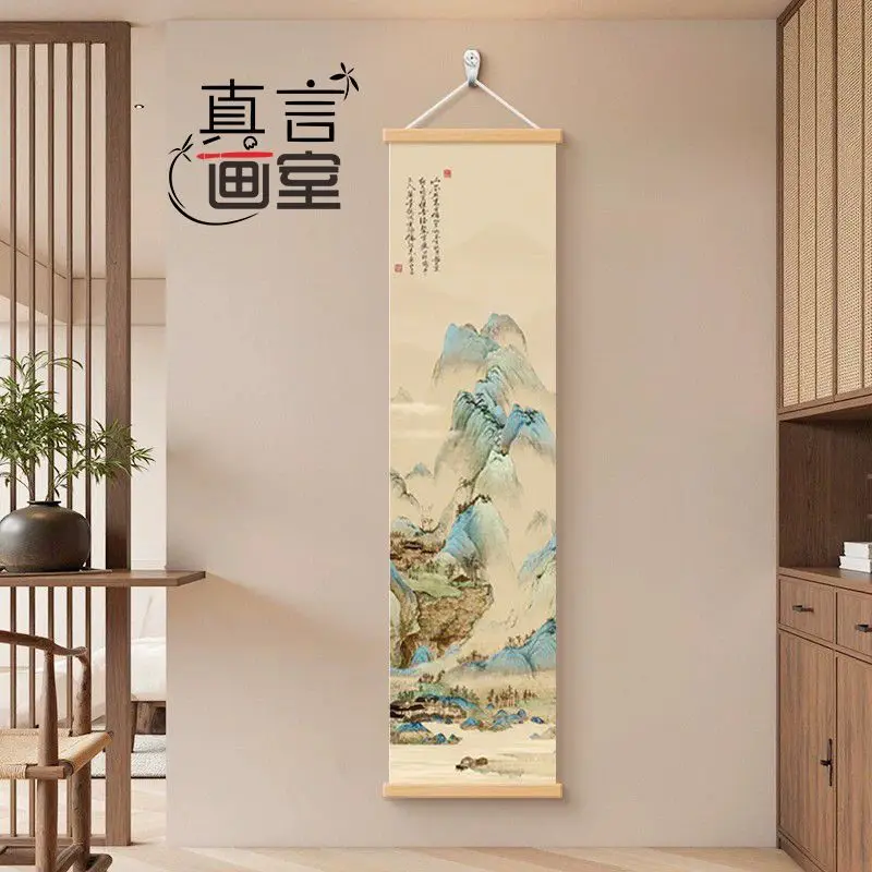 Wall Art Misty Green Mountains Pearlescent Canvas Hanging Scroll with Wooden Rods for Song Style Entryway and Tea Room