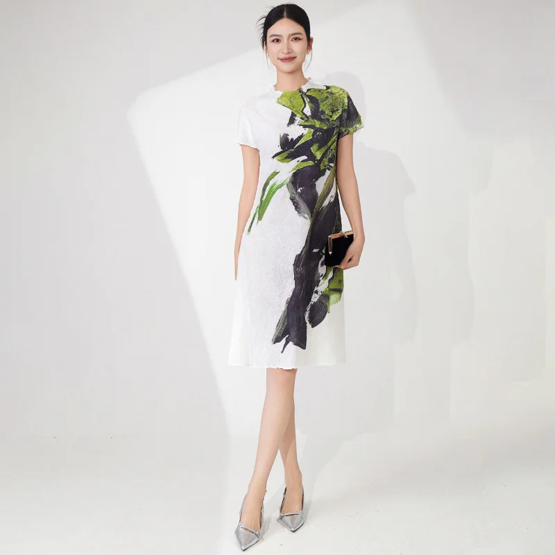 

Retro summer high-end feeling covering the belly loose print elegant temperament medium to long pleated dress [25414zsj-2163C-1]
