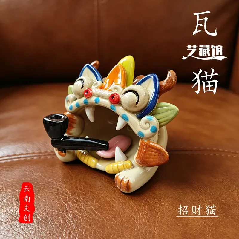 Yunnan Intangible Cultural Heritage Handmade Ceramic Tile Cat Incense Holder Creative Lucky Cat Backflow Incense Burner