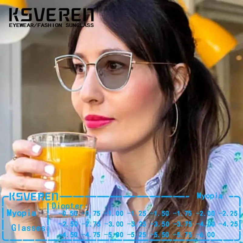 

KSVEREN Cat Eye Frame Photochromic Myopia Glasses For Women Metal Frames Spring Leg Computer Eyewear 0 -0.50 -3.50 -5.00 -6.00