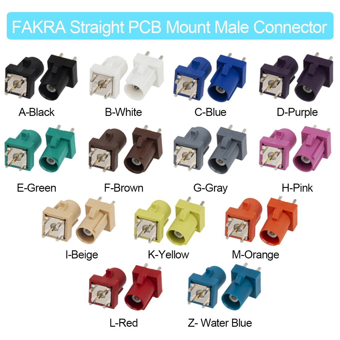 1pc Fakra A/B/C/D/E/F/G/H/I/K/M/L/Z Male Connector PCB Mount Straight Blue Green Purple Black White Color NEW