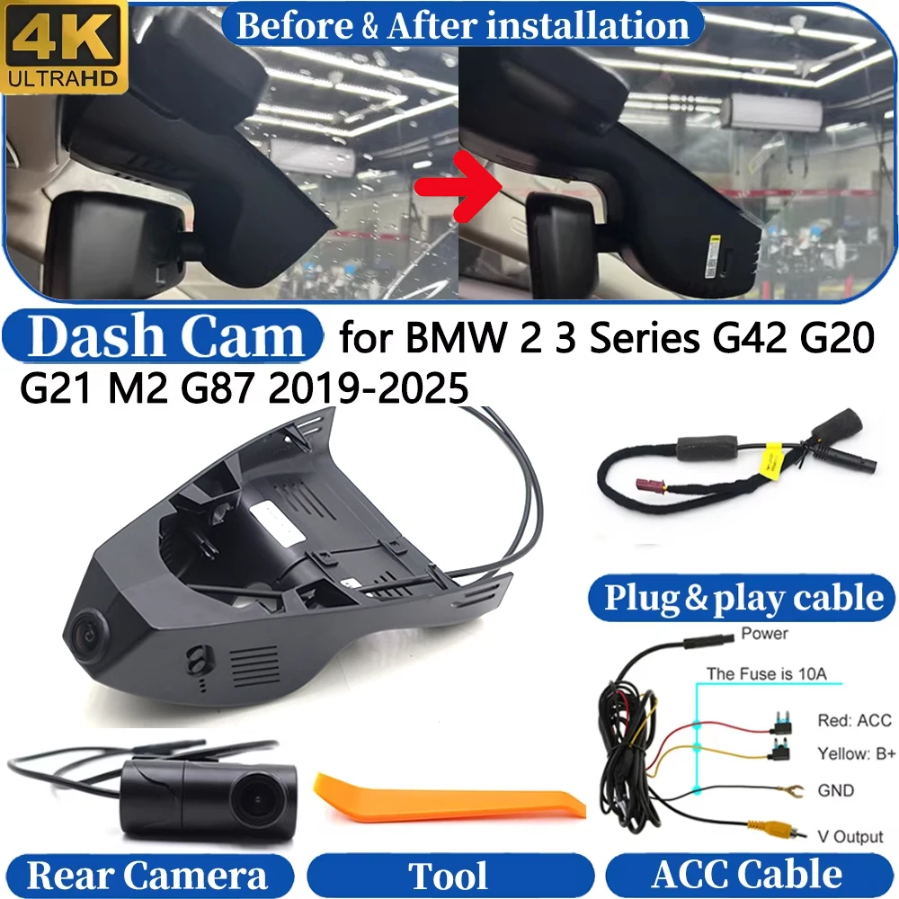 Dashcam für BMW 2er 3er Serie G42 G20 G21 M2 G87 2019-2025 Vorne & Hinten 4K UHD DVR Armaturenbrett-Kamera Video-Fahrtenschreiber