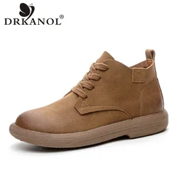 DRKANOL Real Cowhide Ankle Boots For Women Literary Style Round Toe Lace-Up Flat Heel Casual Short Boots Soft High Top Shoes