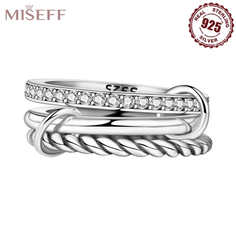 MISEFF New 925 Sterling Silver Shining Star Three Laps Rings Inlay Zircon For Wedding Engagement Birthday Silver Jewelry Gifts