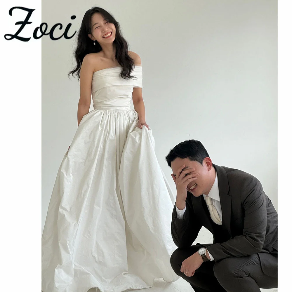 

Zoci Simple Strapless A Line Korea Wedding Dresses With Cape Customized Draped Taffeta Bride Dress Photo Shoot Formal Party Gown