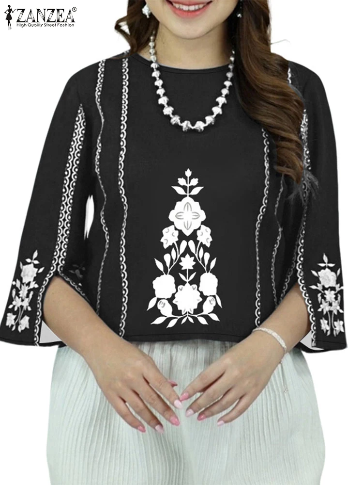 Zanzea mulher casual contraste-cor impressão blusas 2025 verão o pescoço 3/4 manga fenda-manças blusas mujer dia wear commute topos