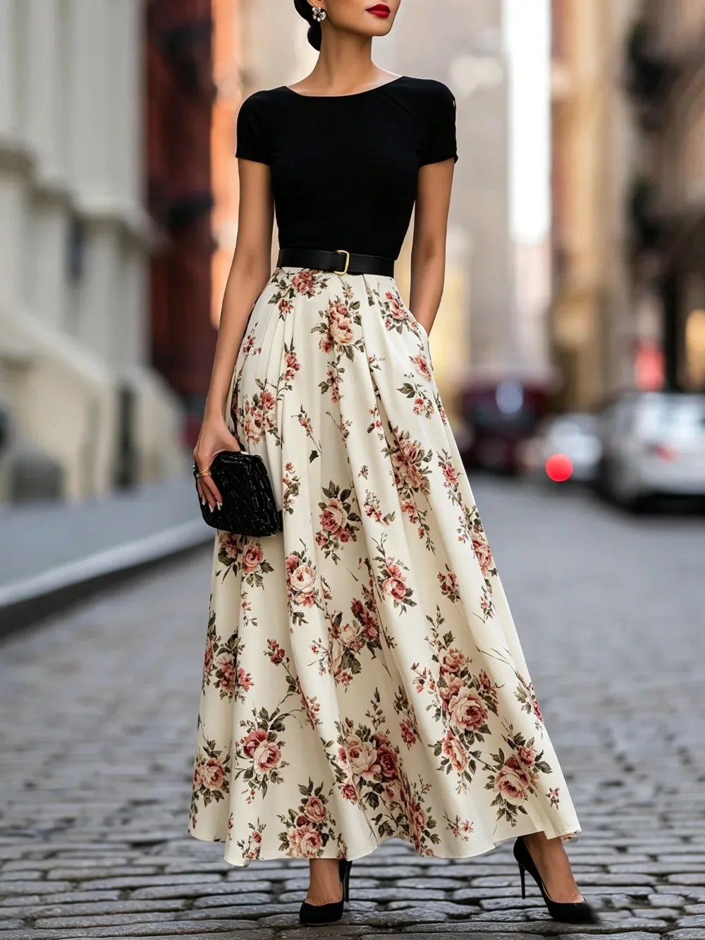 

Women's Retro Short Sleeve Floral Printed Maxi Dress High Waist Slim Fit Elegant Gentle Style Versatile Street Summer Dresses