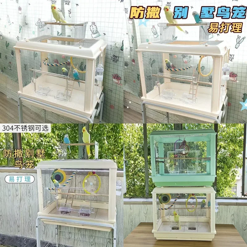 For 304 Stainless Steel Large Parrot Bird Cage Villa Panoramic Landscape Transparent Acrylic Splash Proof Horizontal Bar