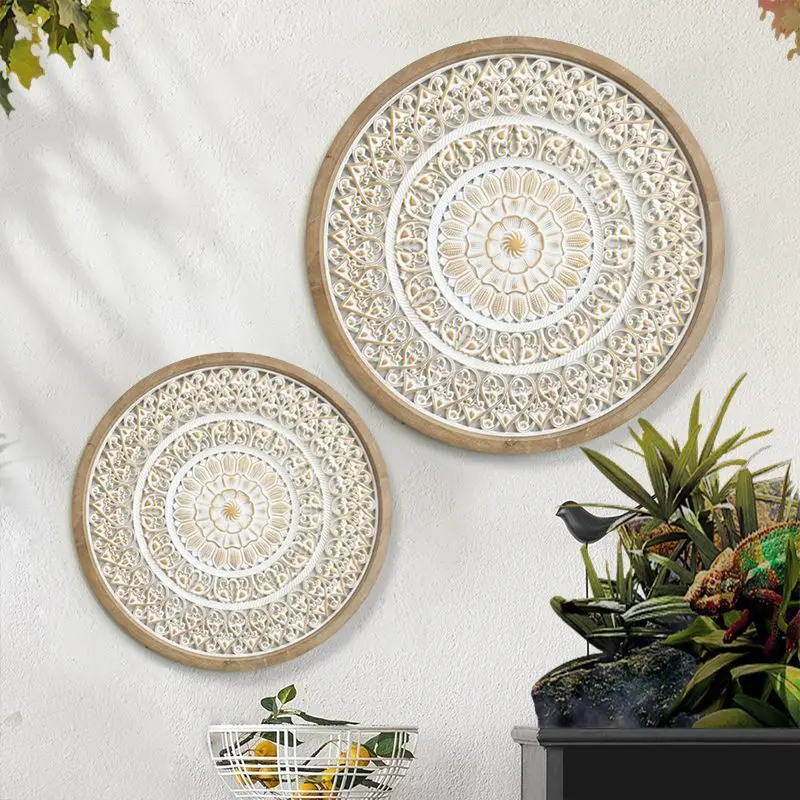 Carved wall hangings featuring American solid wood round wall decorations and background wall hangers