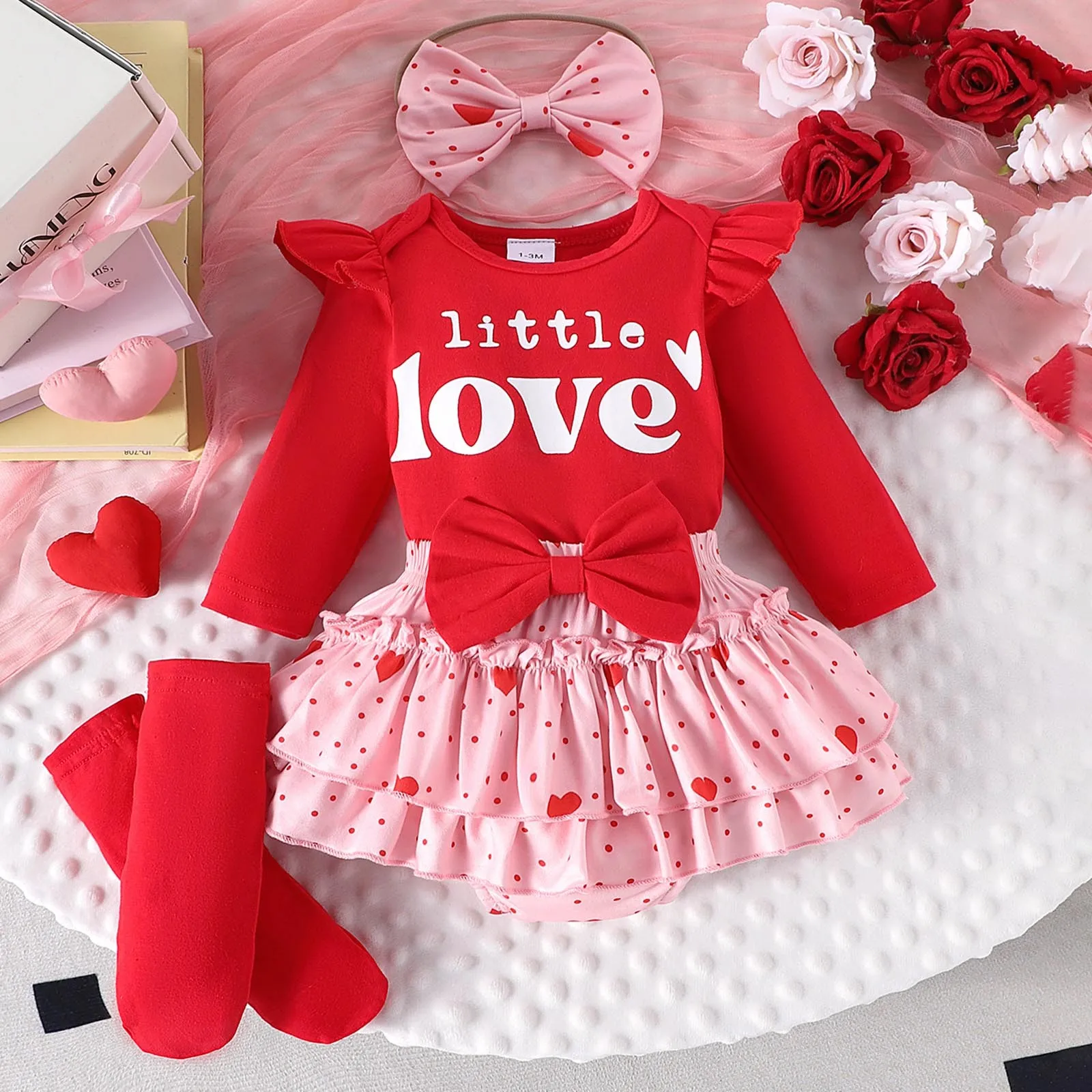 Valentine'S Day Baby Long Sleeve Ruffled Alphabet Printed Bodysuit Crawlsuit Heart Shape Bow Half Skirt Hairband Short Socks Set