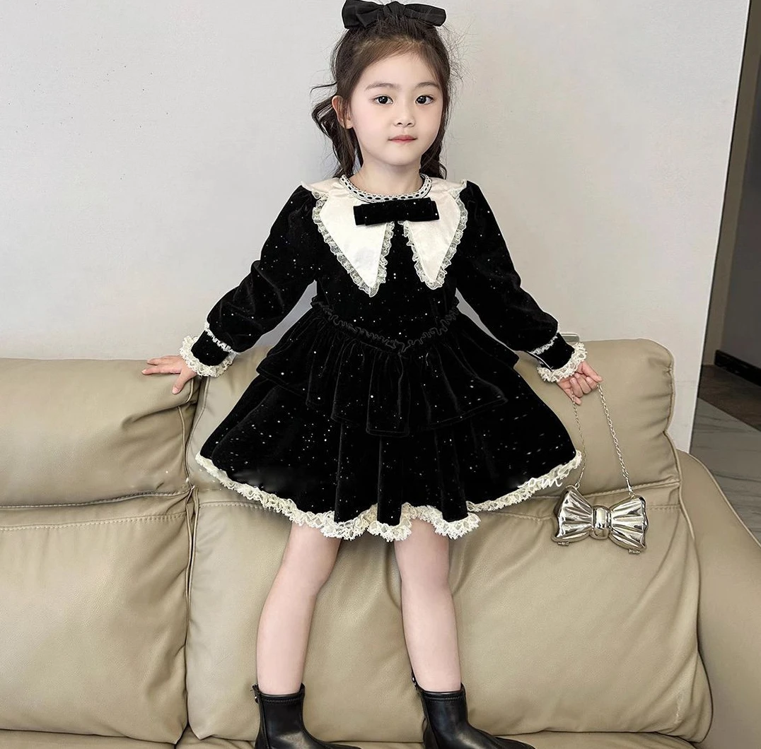 Korean Childrens Clothing 2024 Autumn and Winter New Black Bow Dress Thickened Sweet and Cute Princess Dress