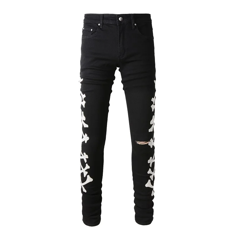 

Classical White Bones Patchwork High Street Stretch Distressed Black Color Slim Fit Ripped Jeans Men