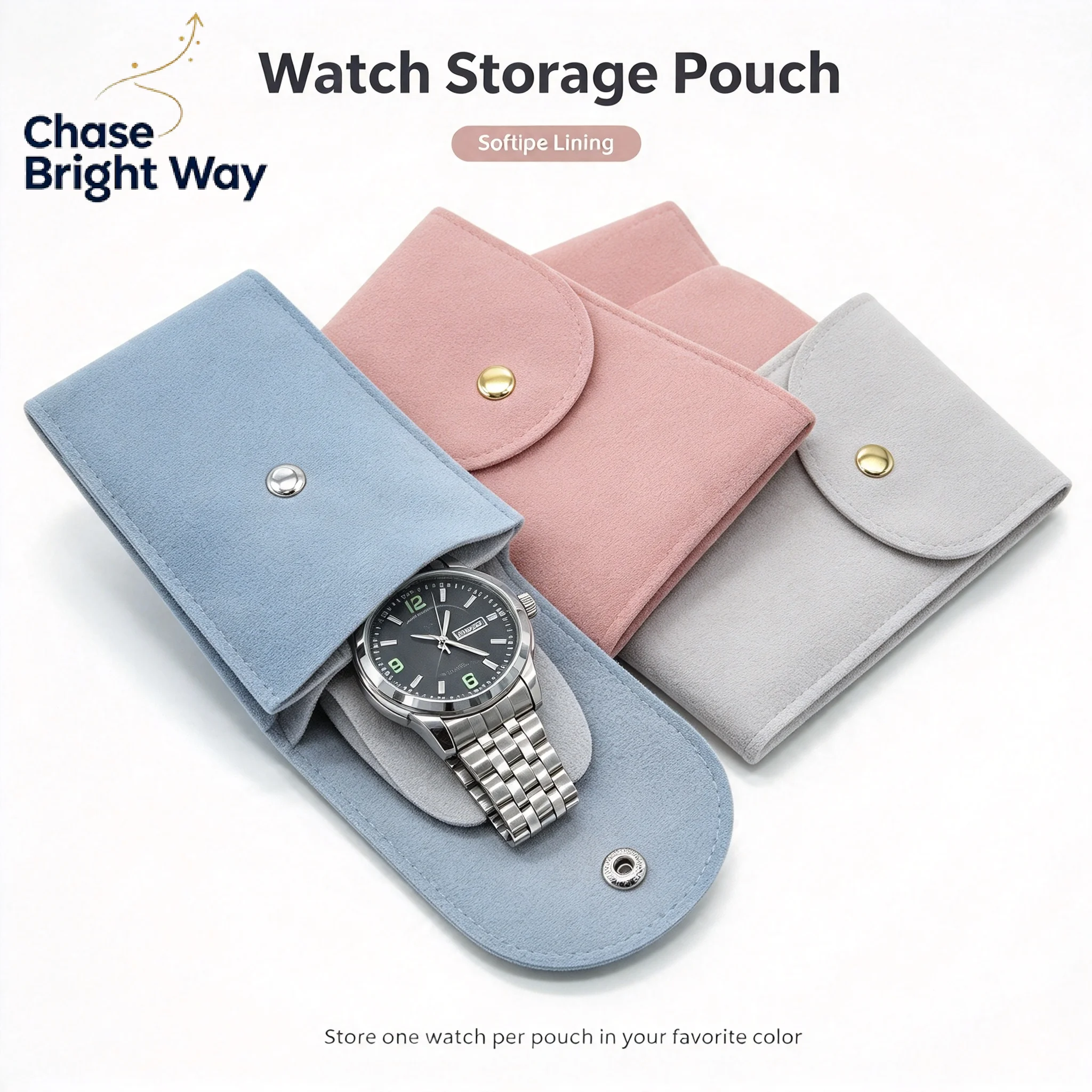 Velvet Watch Storage Bag Soft Scratch Proof Lining Snap Closure For Daily Travel Protection