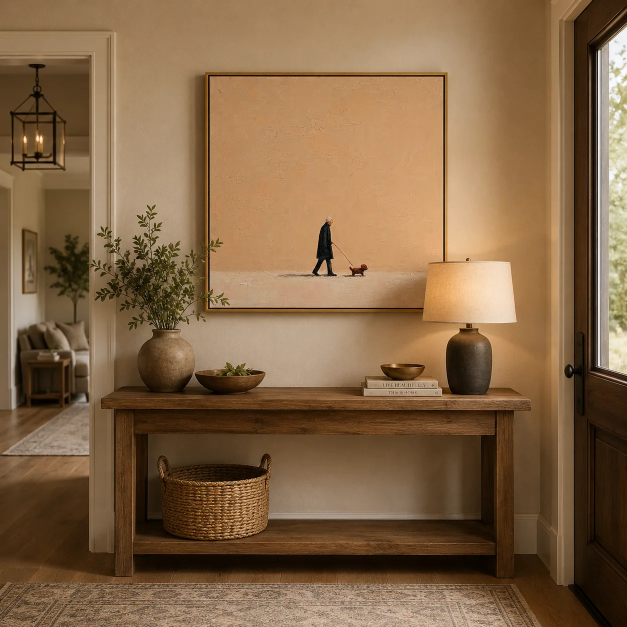 The Afternoon Stroll – Warm Peach Folk Man & Dog Portrait Painting | Minimalist Square Entryway Art for Bedroom, Living Room view 5