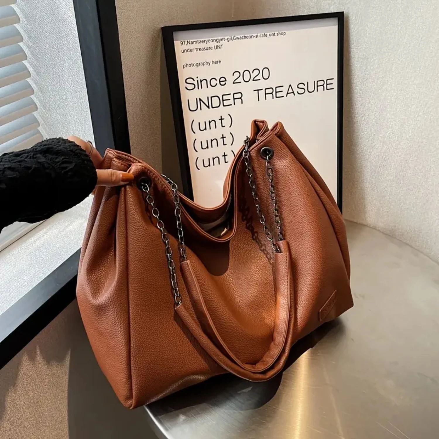 

Patch Detail Tote Bag, Women's Trendy Faux Leather Handbag Casual Shoulder Bag For Work
