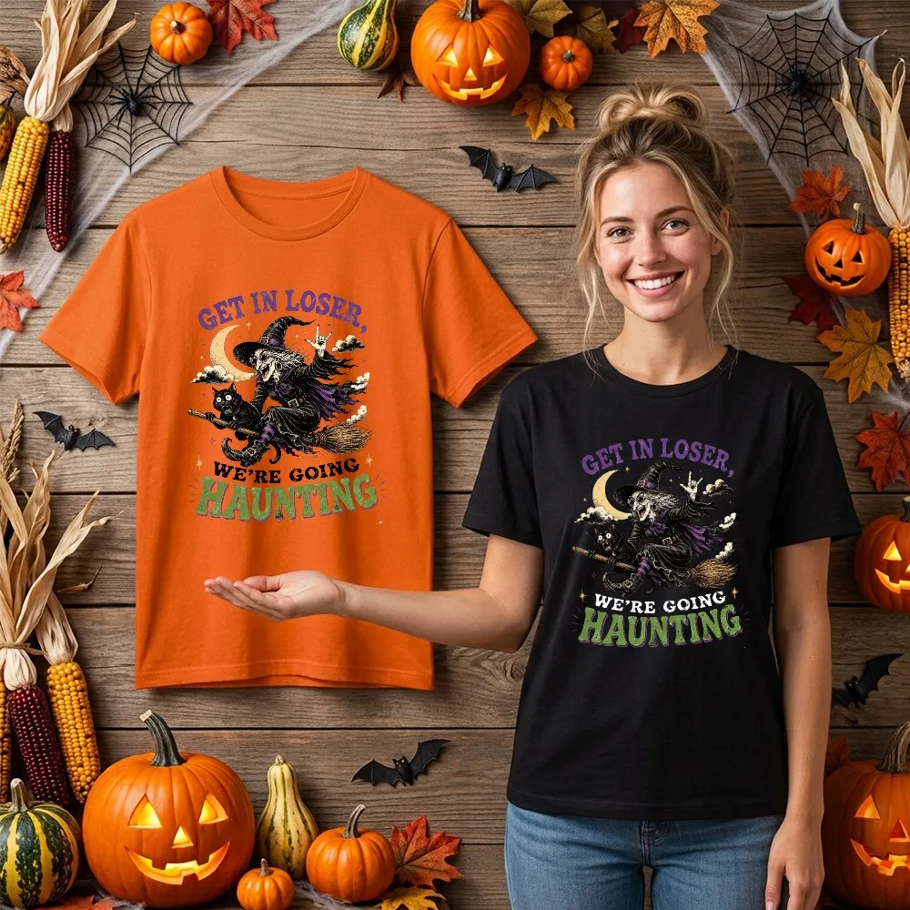 Get in Loser We're Going Haunting Graphic TShirt Women Witch Black Cat Moon Print Tee Vintage Halloween Spooky Season Casual Top