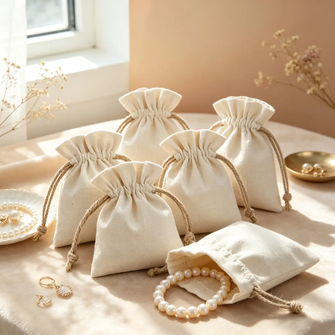 50 pcs Custom Logo Cotton  Jewelry Bag Small Nature Canvas Bags for  Necklace Earring Ring Pouch Wedding Favors Party Gift Pocke