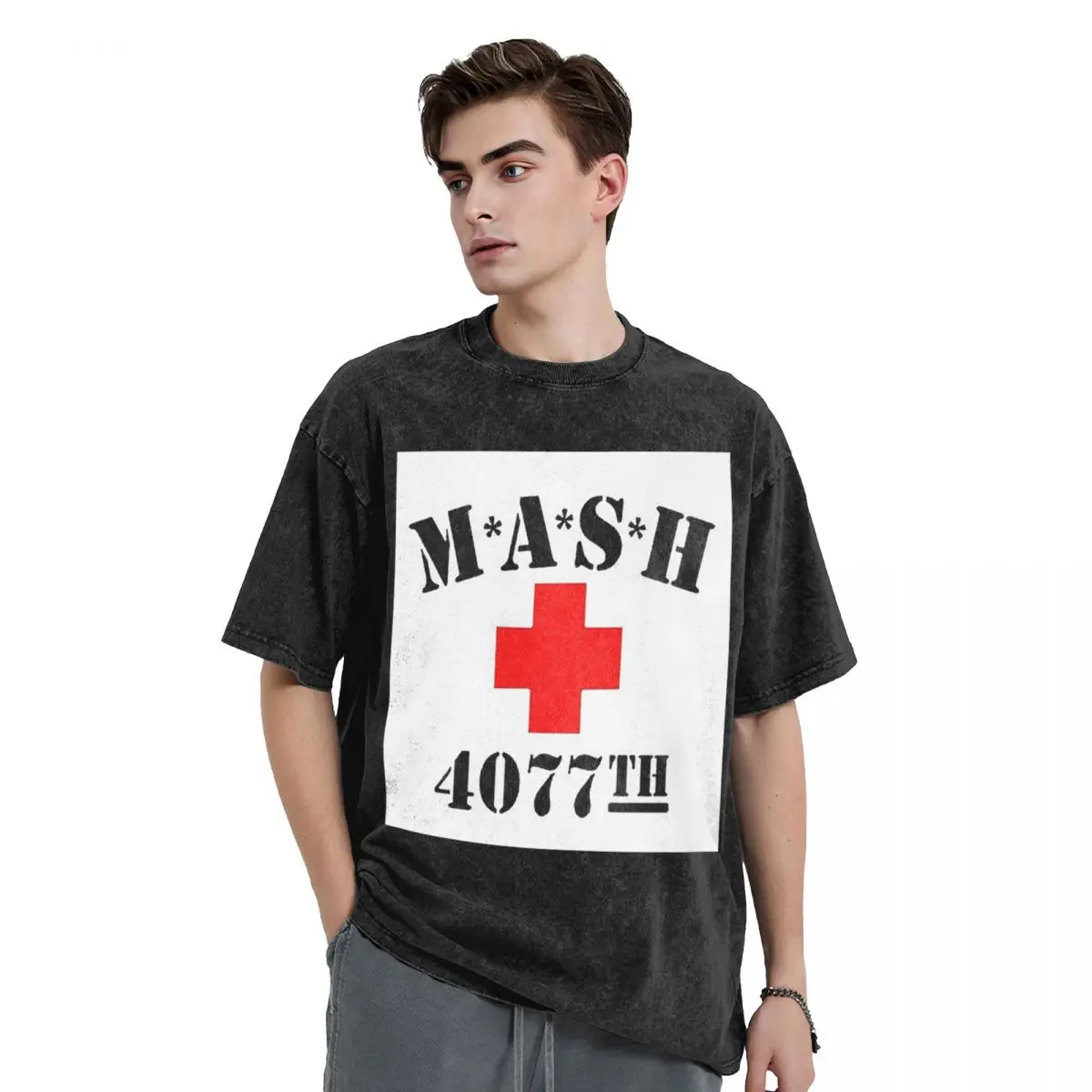 Mash 4077 Washed T Shirts Printed Short Sleeve Hip Hop T-Shirt Streetwear Tops Tees for Men Women