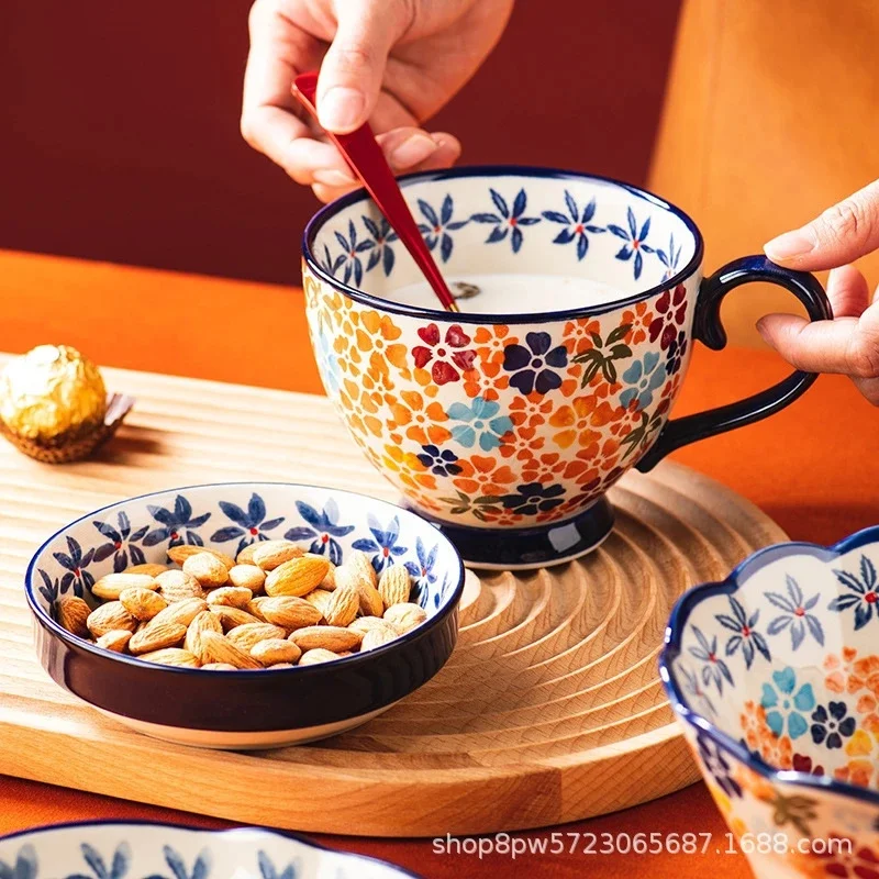 

Large Capacity Hand Painted Floral Mug Nordic Breakfast Coffee Cup For Office Home Use Elegant Table Decor For Women Couples