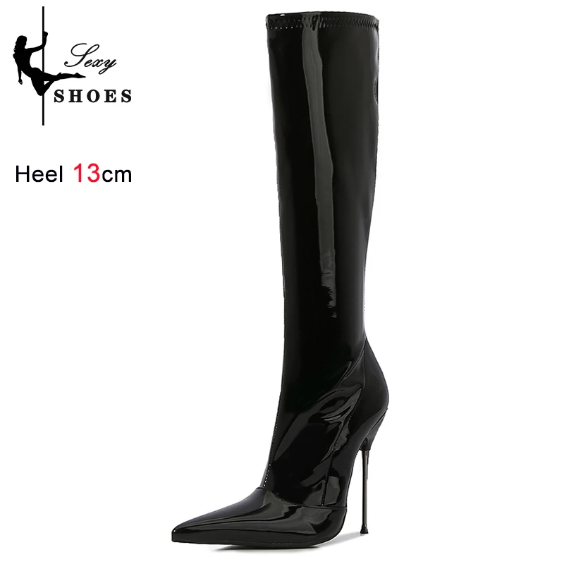 

Knee-High Pointy Toe Women Boots 13cm Ultra Thin Steel High Heels Metal Heel Patent Leather Wide Calf Boots for Women Plus Size