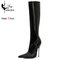 Wysokie do kolan szpiczaste buty damskie 13cm Ultra cienkie stalowe wysokie obcasy metalowa pięta lakierowana skóra szeroka buty ze skórki cielęcej dla kobiet Plus Size