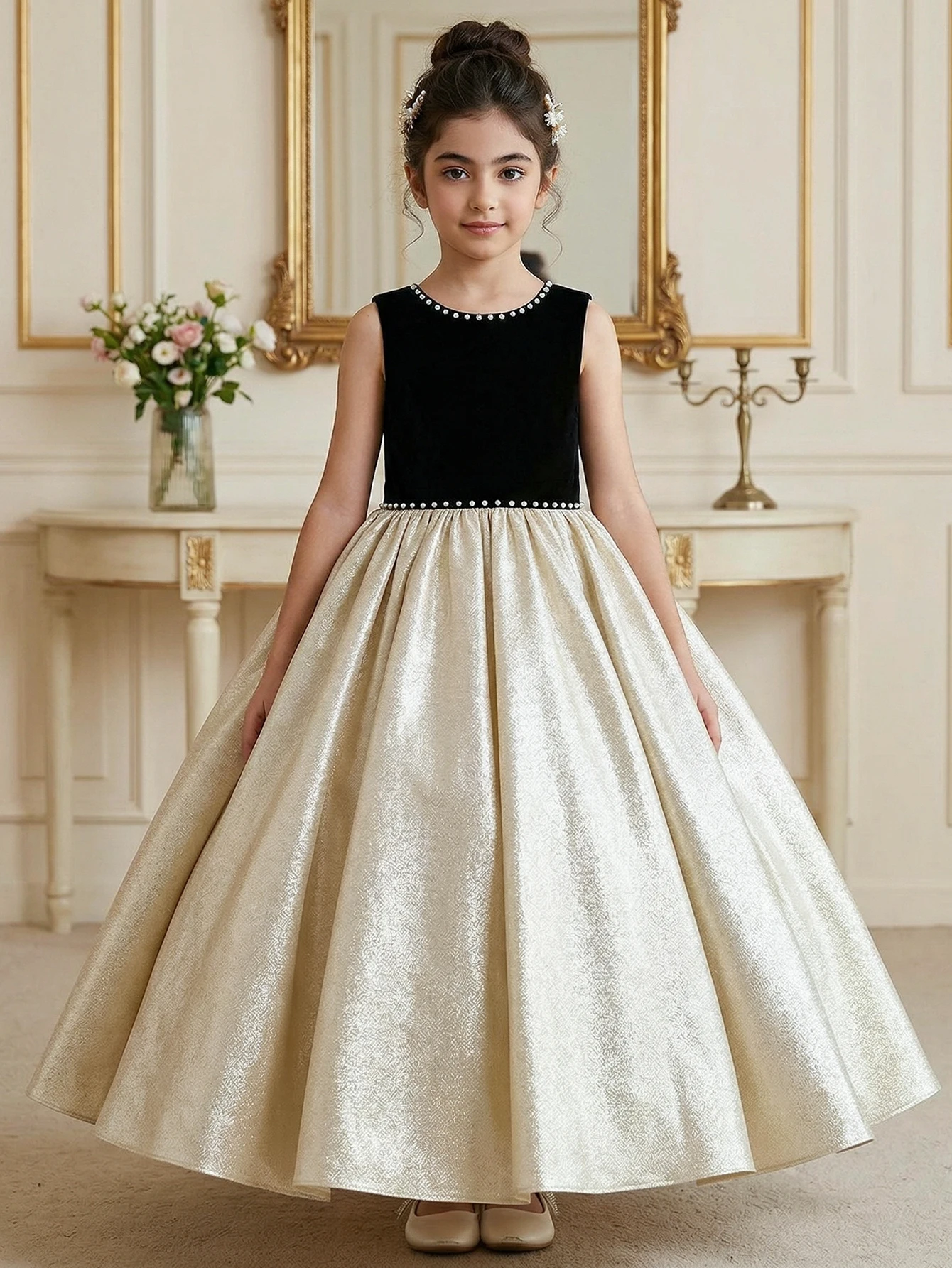 Tween Girl Black Patchwork Golden Satin Surface Elegant Princess Dress Party Gown Birthdays, Weddings, Party, Special Occasions view 3
