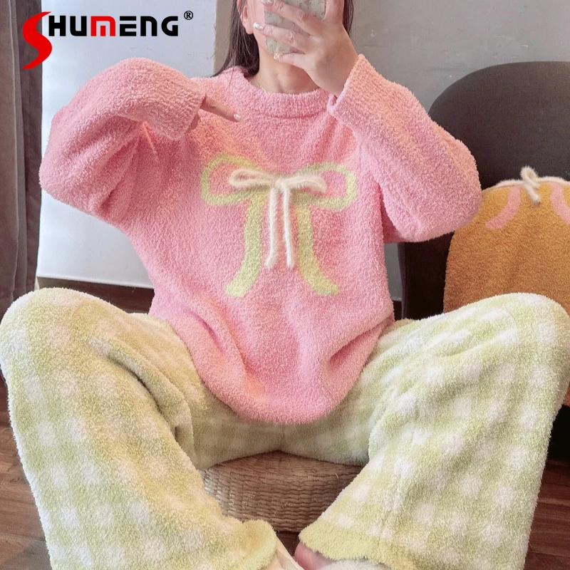 

Sweet Bowknot Velvet Pajamas for Women Autumn Winter Thickened Warm Fleece Homewear Set Female Japanese Style Outerwear