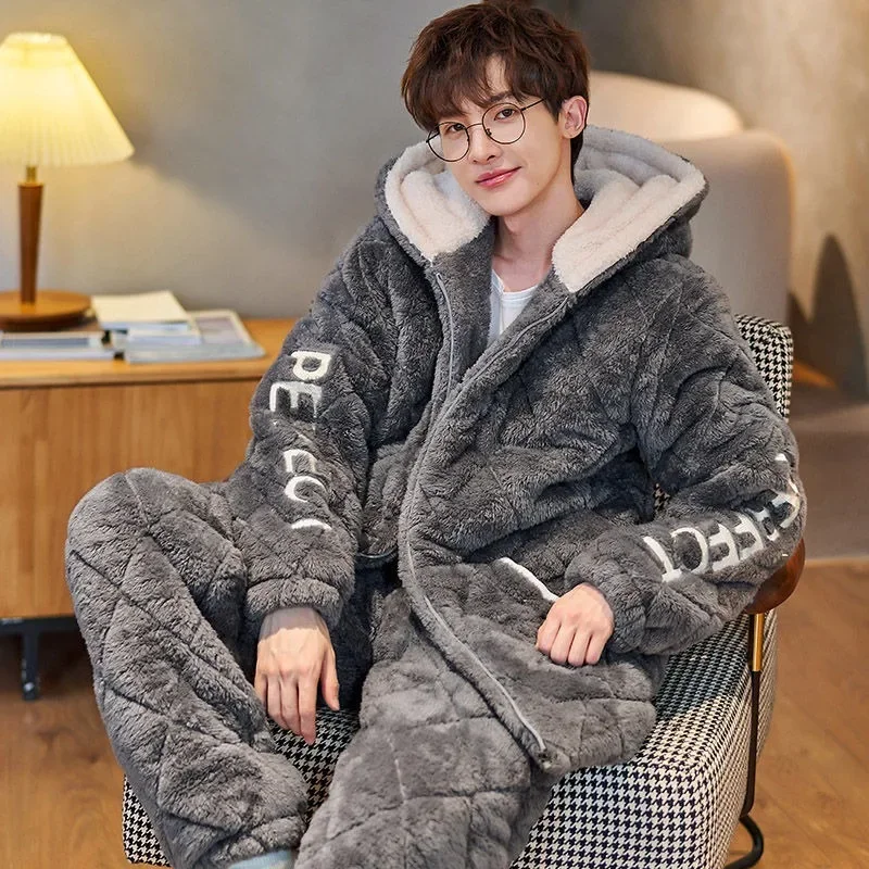 Pajamas Men Homewear Suit Winter Coral Fleece Home Sleep Clothes Thickened Three Layers Cotton Male Teen Plus Loungewear Set