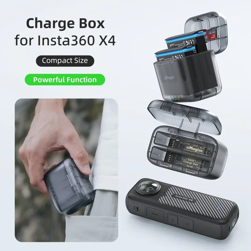 aMagisn ل Insta360 X4 علبة شحن X4 شاحن مزدوج شاحن بطارية تخزين مقصورة insta360 X4 كاميرات الملحقات