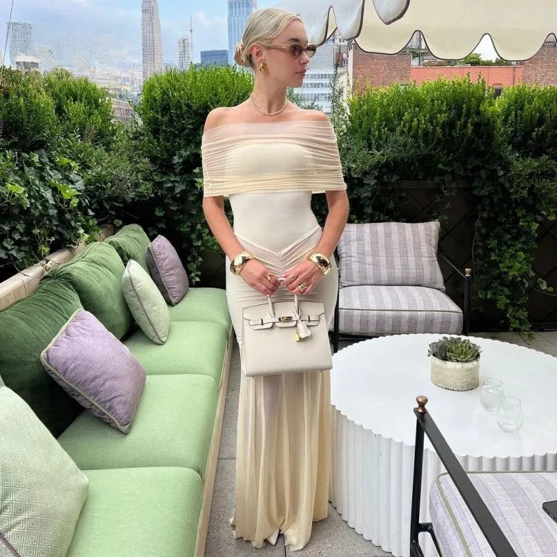 

Длинное платье для женщин, модное женское вечернее платье с открытой спиной и высокой талией, со складками, сетчатое платье без бретелек с открытыми плечами, сексуальное с рюшами