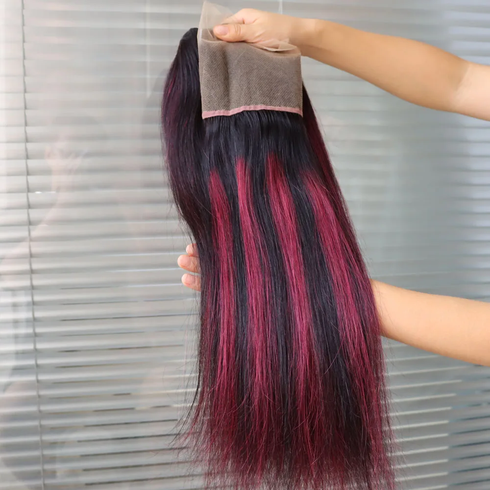 الجملة حزم الشعر البشري مع الدانتيل إغلاق أمامي شفاف 4x4 5x5 13x4 13x6 تسليط الضوء على 1B الأحمر الأرجواني الوردي عذراء الشعر