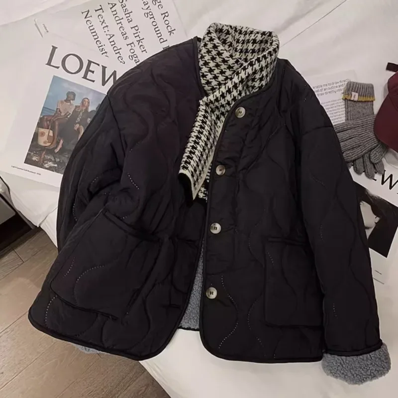 Cappotti corti invernali Cappotti trapuntati imbottiti in cotone di lana di agnello Donna Fodera in lana Calda giacca a griglia con diamanti Leggero monopetto