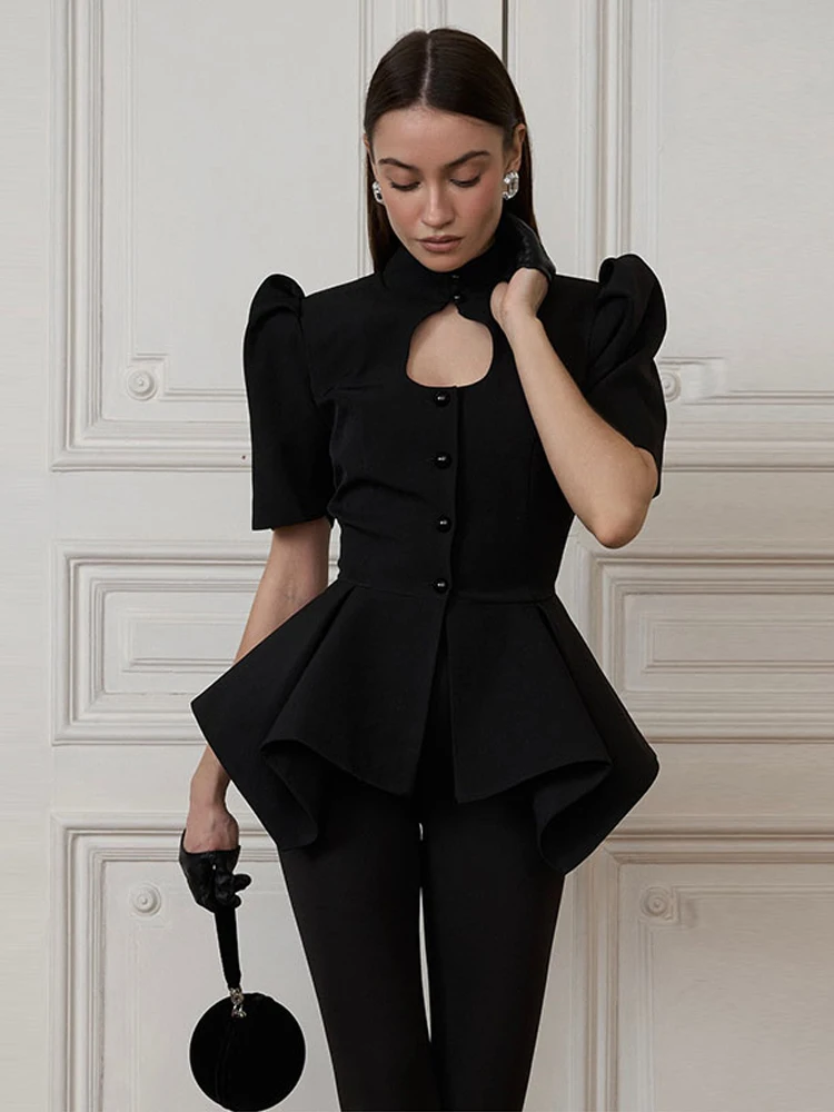 Eleganter Damen-Oberteil mit Ausschnitten, Einreiher, Stehkragen, Rüschen, Kurzarm, Damenjacke, Modische Streetwear 2026 für Partys