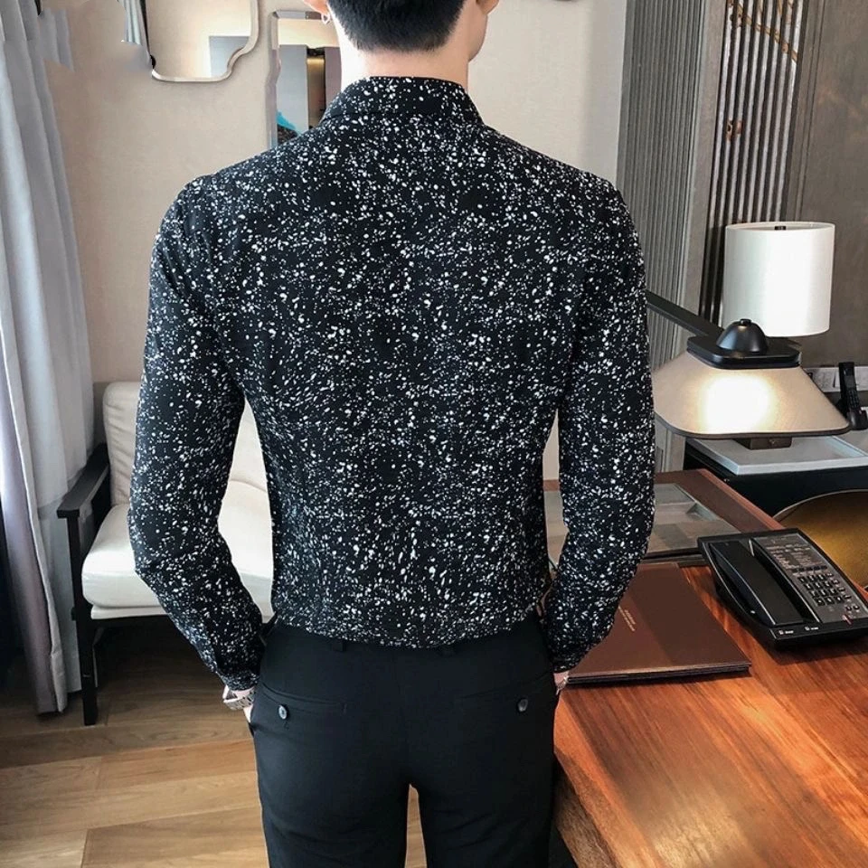 Spring Trend Fashion Popularity Printing Long Sleeves Shirt Men Korean Handsome Slim Casual Floral Flip Collar Chiffon Tops