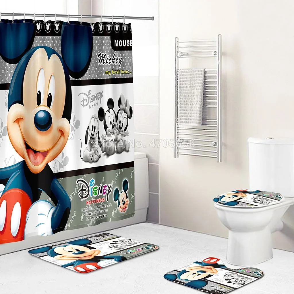 Mickey Mouse Waterproof Print Shower Curtain 4 Piece Carpet Cover Toilet Cover Bath Mat Pad Set Cartoon Bathroom Curtain