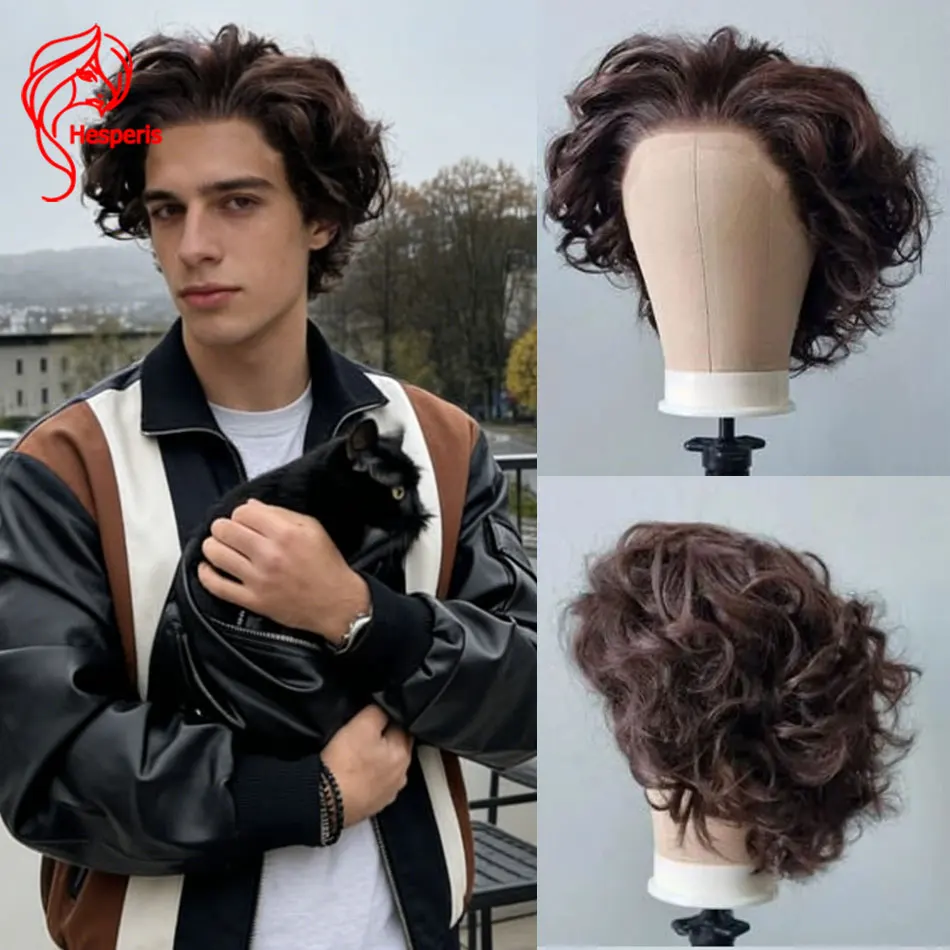 Hesperis Short Curly Brown Human Hair Wig for Men Transparent Full Lace Glueless Pre-Styled Daily Wear Comfortable Male Hairpiec