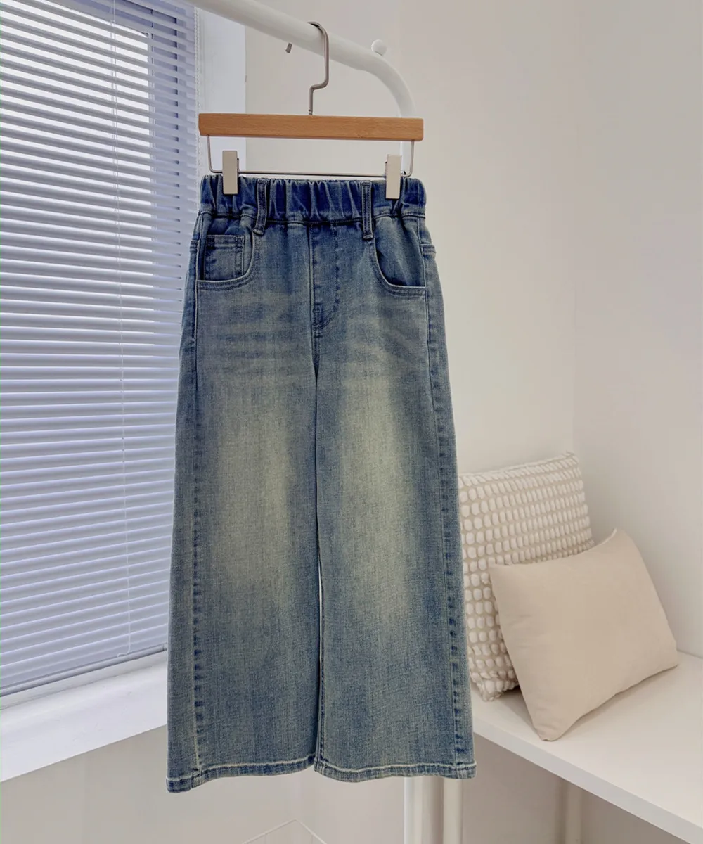 

parent-child jeans kids girl clothes baby pants Stylish washed jeans Girls' high elasticity jeans Wide-leg straight-cut jeans