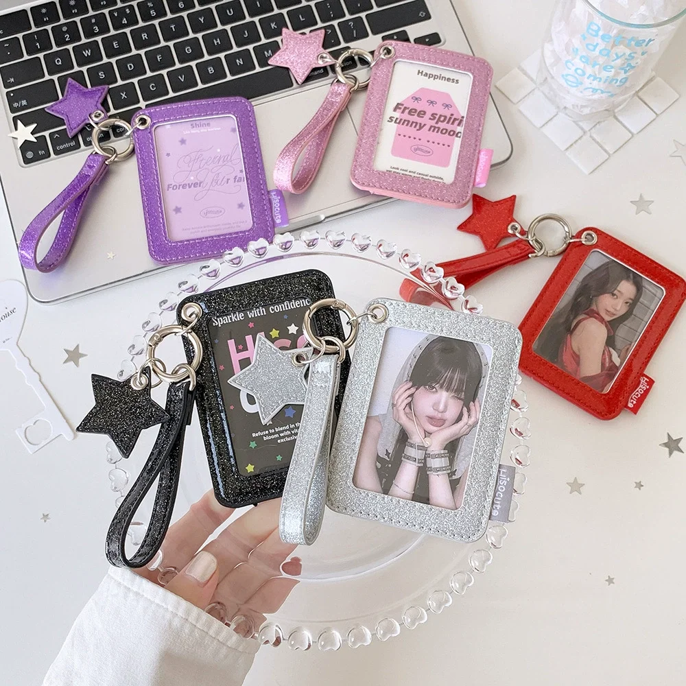 Layer Glitter PU Card Holder Portable Student ID School Card Display Sleeve Keychain Kpop Photocard Protective Card Storage Case