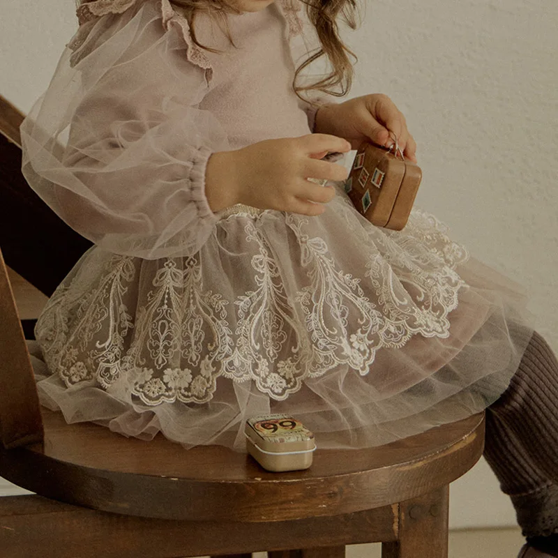 

Kids Baby Girls Skirt Ins 2025 Autumn Elastic Waist Toddler Kids Girls Dress Retro Lace Trim Mesh Little Girls Versatile Dress