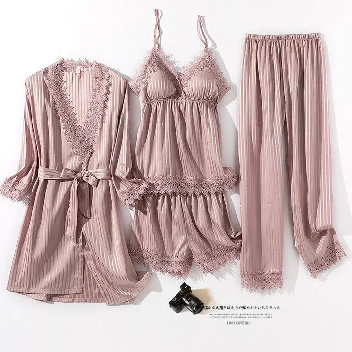 

Sexy Stripe Lace Trim Sleepwear Pijamas Suit Spring Summer Satin Kimono Bathrobe Gown Women Four Piece Pajama Set Loose Homewear