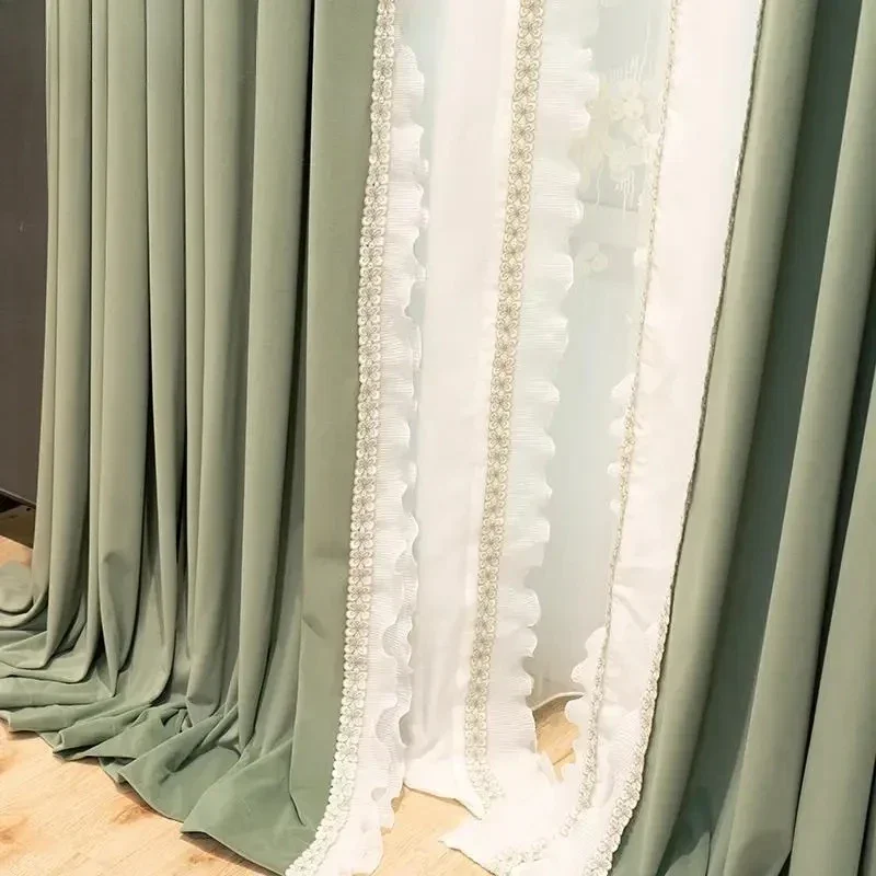 European Lace Luxury Matcha Green Blackout Thicken Velvet Curtains for Living Room Bedroom Dining Romantic Custom White Tulle