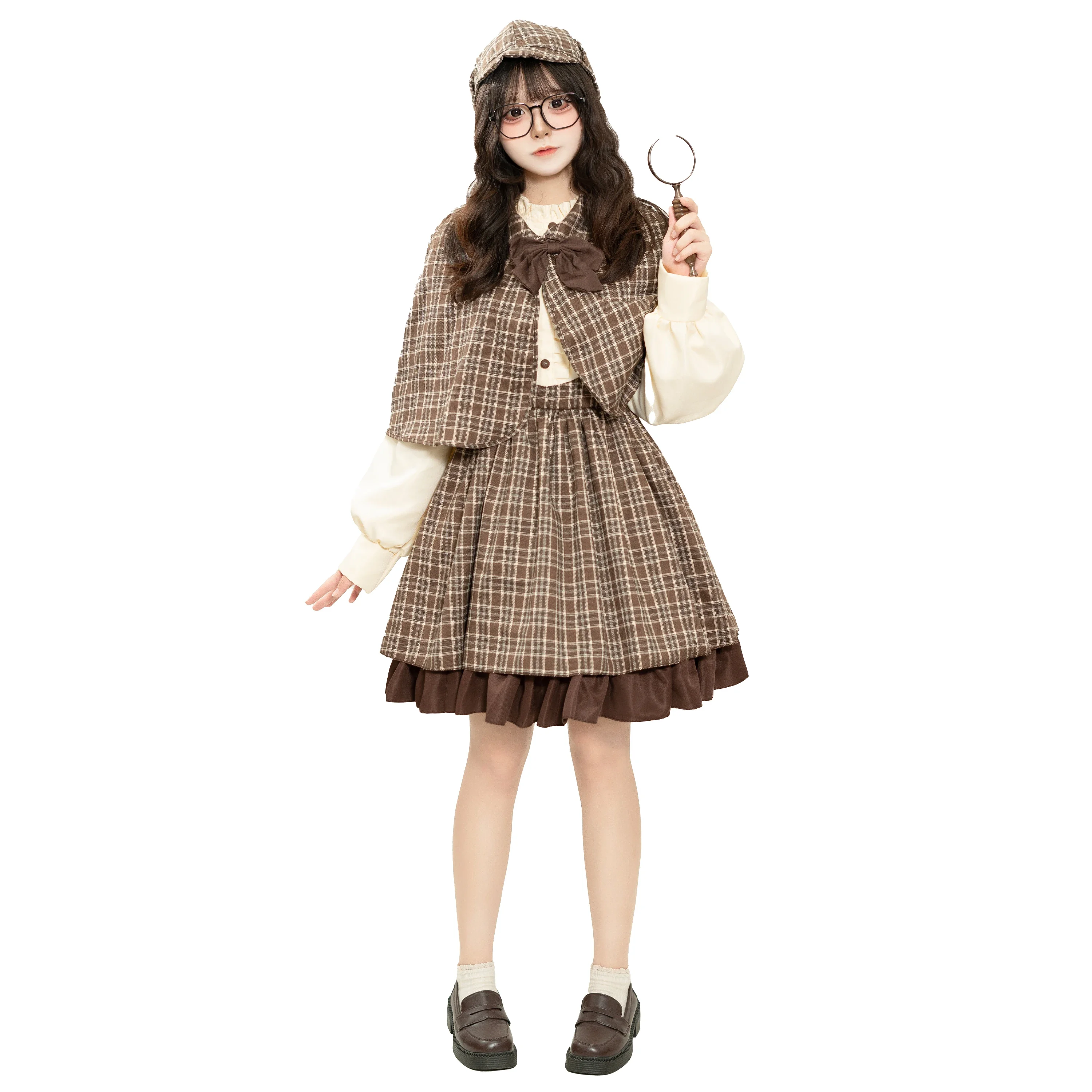 Adult & Kid Halloween Detective Sherlock Cosplay Dress British Style High Collar Long Sleeve Dress Women Reasoning Game Costume