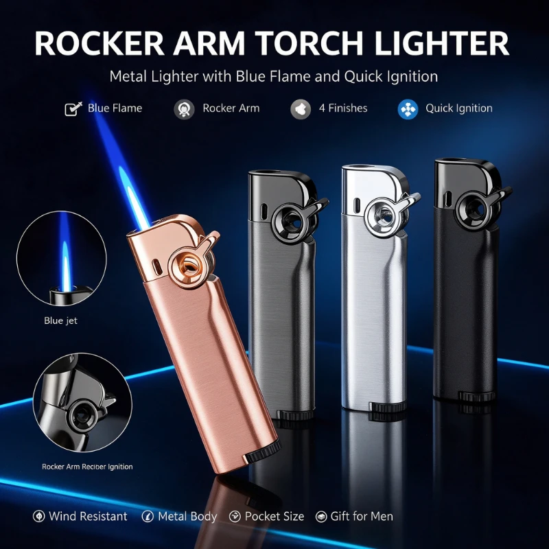 New Arrival Rocker Arm Windproof Inflatable Lighter, Straight Blue Flame Output, Sturdy Metal Body, Lightweight Portable Build